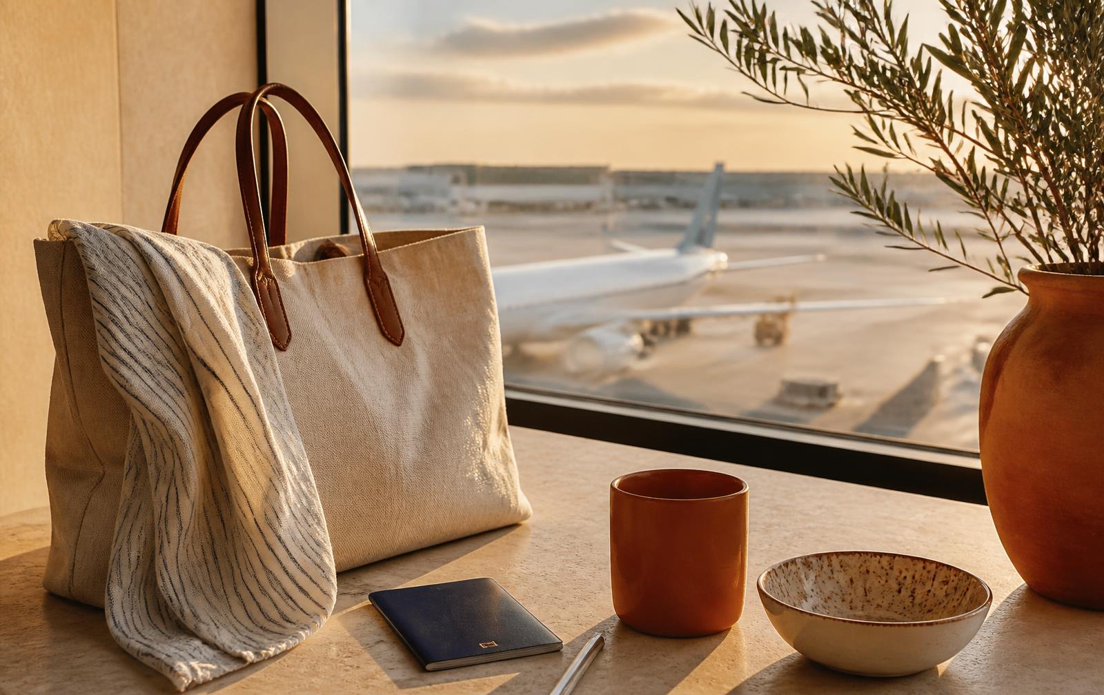 Maleta de viaje junto a una ventana con luz cálida, tonos marfil y arena, estética editorial